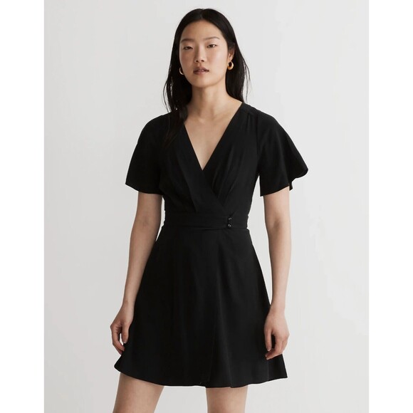 Madewell Size 2 Pleated Waist True Wrap Mini Dress True Black V-Neck Flowy NWT - Picture 1 of 15